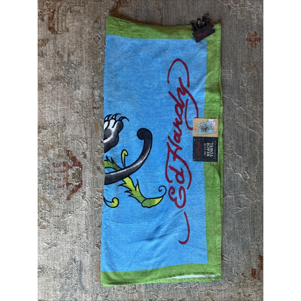 Ed Hardy Beach Towel 36x68 Blue With Squatting Panther NWT